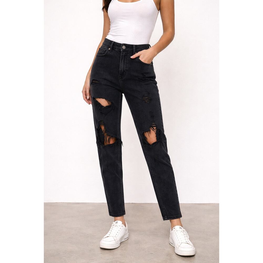 American Eagle Comfort Stretch Mom Jean Charcoal Wash Distressed Hi-Rise Women 2